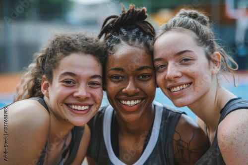 Portrait of a young female basketball players smiling and posing for a team photo on the basketball court photo