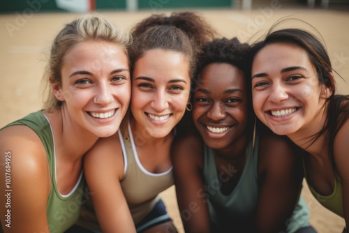 Portrait of a young female basketball players smiling and posing for a team photo on the basketball court photo