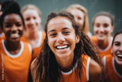 Portrait of a young female basketball players smiling and posing for a team photo on the basketball court photo