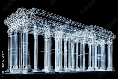 In front of the Roman wall and columns, many columns. Side by side Bantrancy can be seen through the cool white tones. On a completely black background