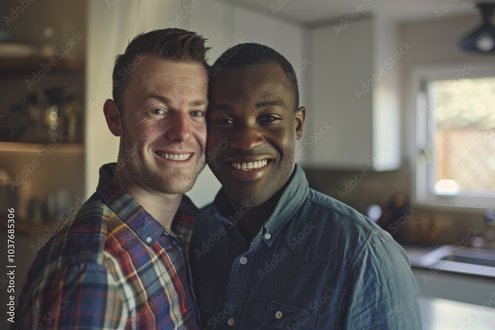 Portrait of a gay American couple in their new home