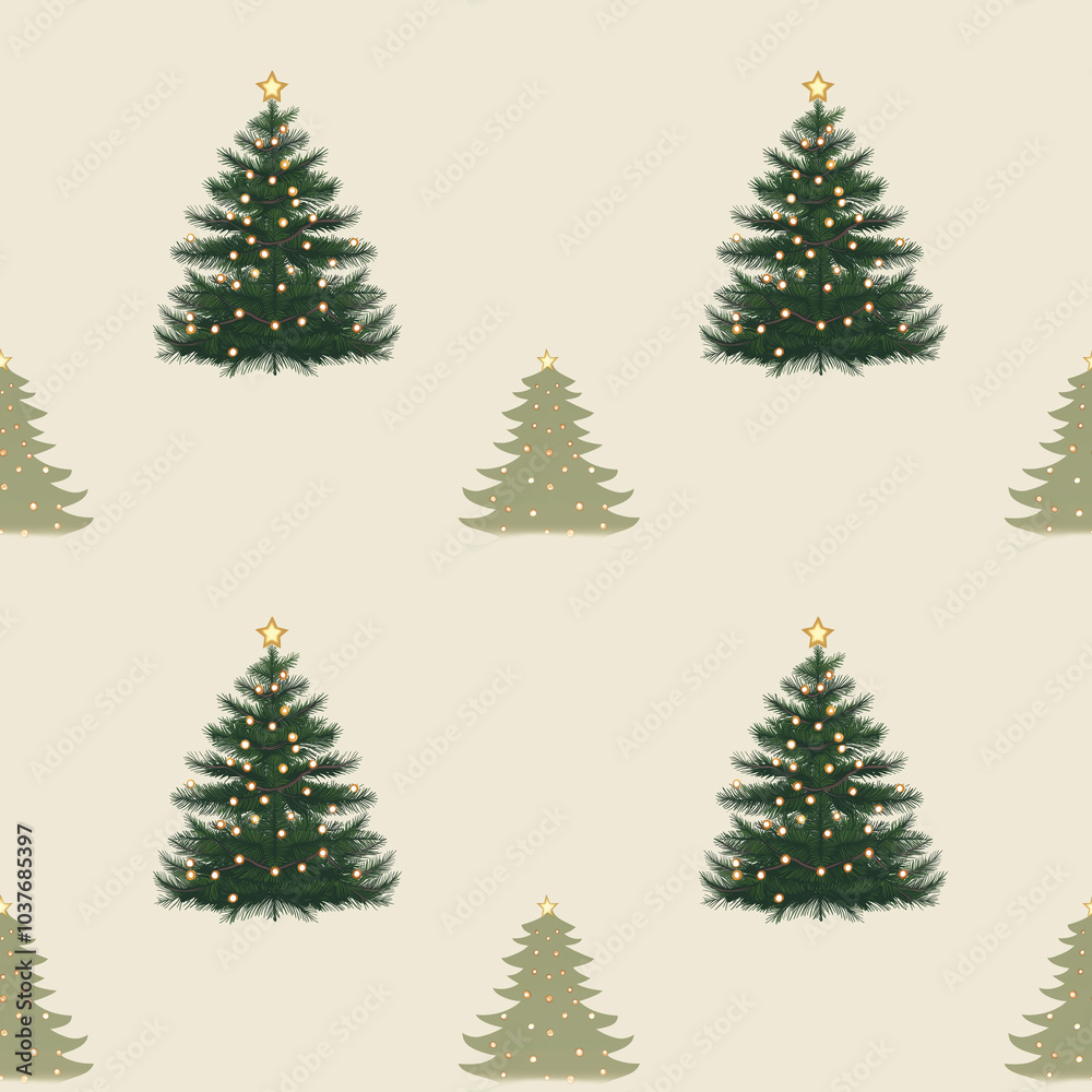 Fototapeta premium A festive pattern featuring Christmas trees adorned with lights,seamless pattern background