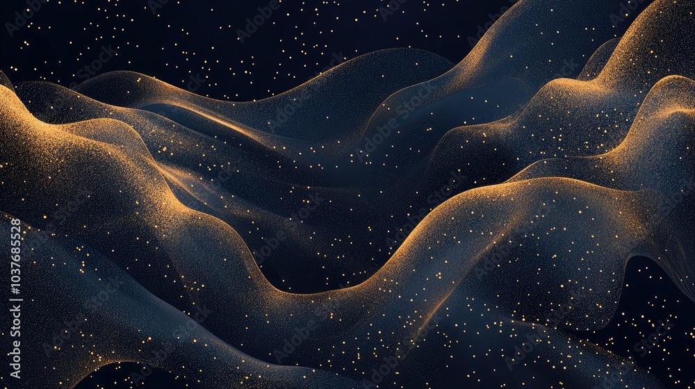 Obraz premium Digital Wave Of Particles Cascading Down Fluttering Descent Abstract Black And Gold Background Luxurious Dark Backdrop Luxury Drop Effect Background