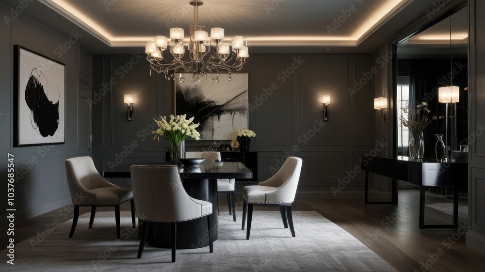 a modern and luxurious dining room with a dark and dramatic color palette. The walls are painted a deep gray, creating a sophisticated and intimate atmosphere. a modern and luxurious dining room with a dark and dramatic color palette. The walls are painted a deep gray, creating a sophisticated and intimate atmosphere.