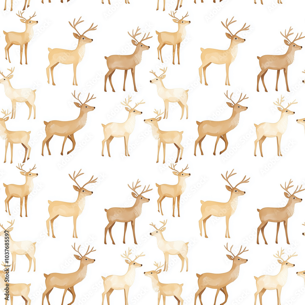 A repeated pattern of stylized deer in various shades, set against a white background,seamless pattern background A repeated pattern of stylized deer in various shades, set against a white background,seamless pattern background