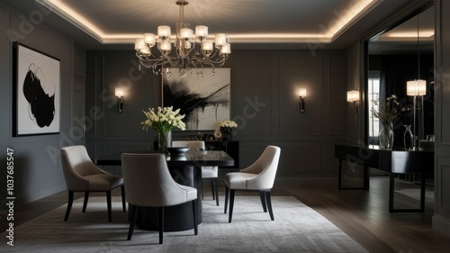 a modern and luxurious dining room with a dark and dramatic color palette. The walls are painted a deep gray, creating a sophisticated and intimate atmosphere.