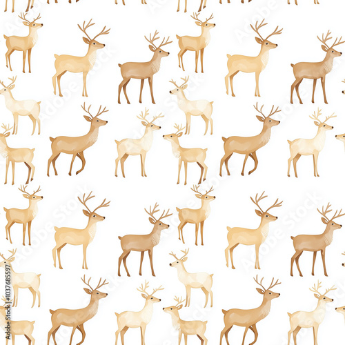 A repeated pattern of stylized deer in various shades, set against a white background,seamless pattern background