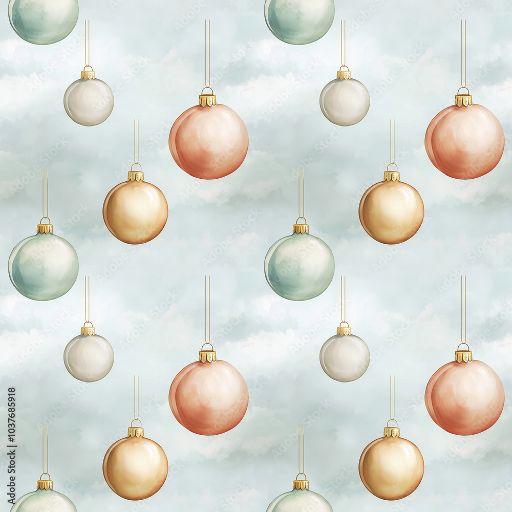 A serene pattern featuring pastel Christmas ornaments hanging against a soft, cloudy background,seamless pattern background A serene pattern featuring pastel Christmas ornaments hanging against a soft, cloudy background,seamless pattern background