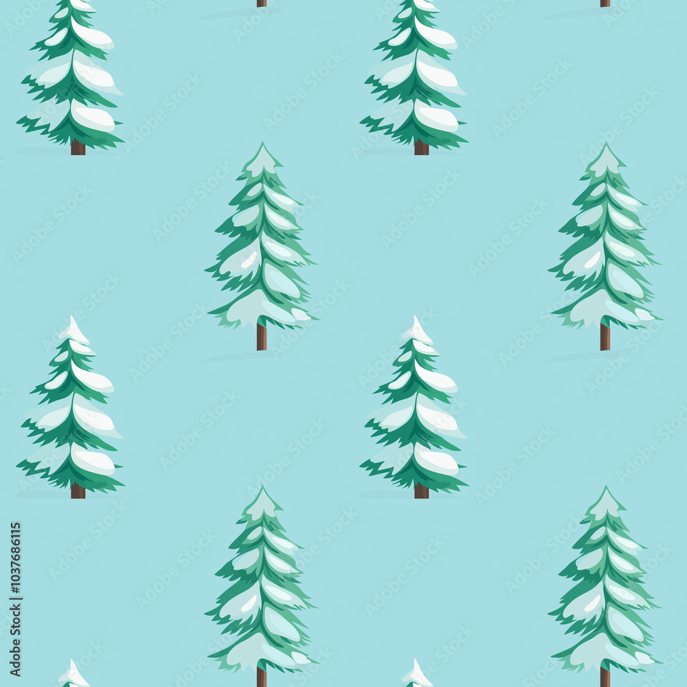 Obraz premium A whimsical pattern featuring snow-topped evergreen trees on a light blue background,seamless pattern background