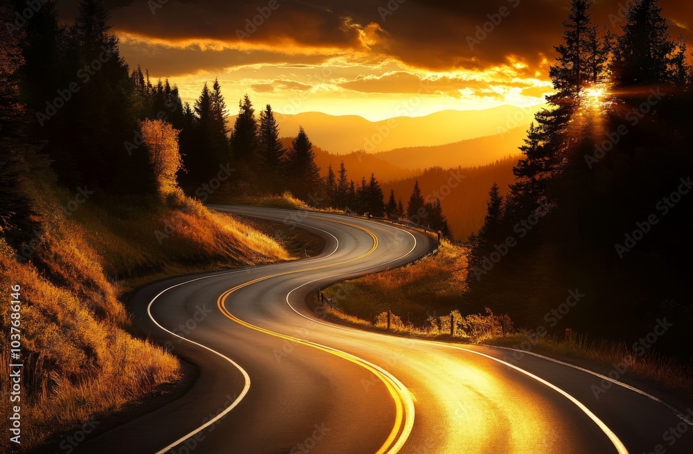 The golden hues of sunset create a stunning backdrop for a meandering road. The golden hues of sunset create a stunning backdrop for a meandering road.