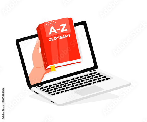 Hand holding glossary book coming out of laptop screen