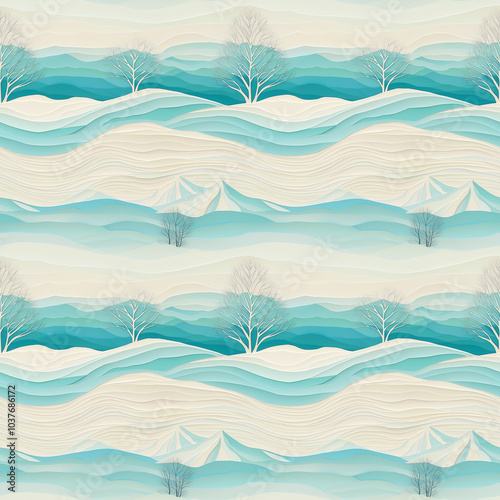 A serene landscape pattern featuring soft, flowing hills, trees, and a cool color palette of blues and whites, seamless pattern background