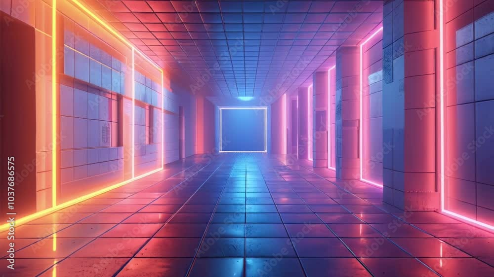 Neon-Lit Corridor with Tiled Floor and Glow-in-the-Dark Walls Neon-Lit Corridor with Tiled Floor and Glow-in-the-Dark Walls