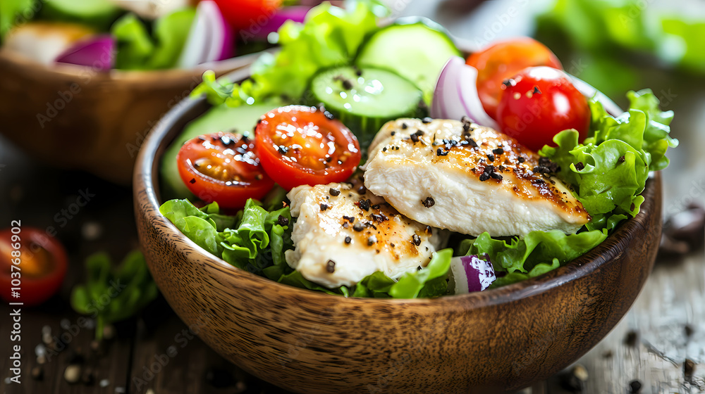 Salad with chicken and tomatoes in a bowl Salad with chicken and tomatoes in a bowl