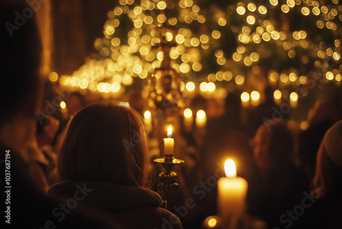 Candlelit Christmas service with glowing lights and worshippers
