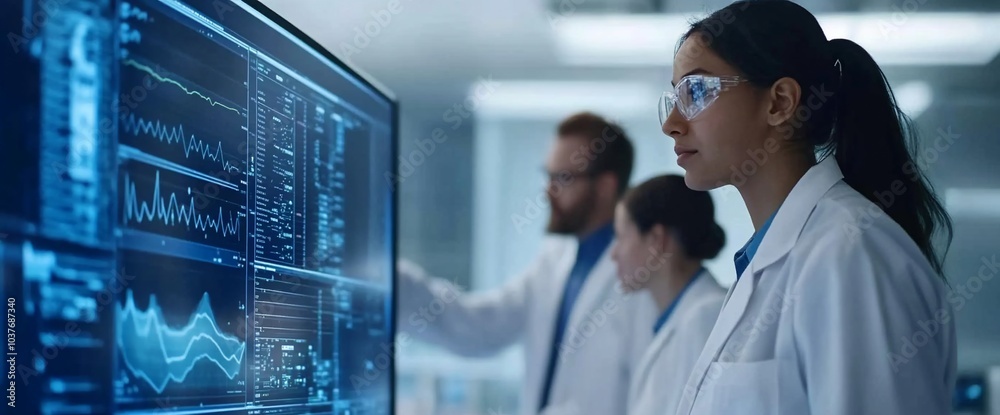A team of three scientists in lab coats review data on a large screen, focusing on graphs and charts. A team of three scientists in lab coats review data on a large screen, focusing on graphs and charts.