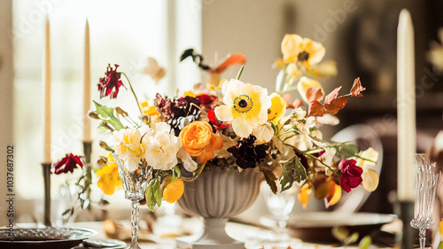 Dining room decor, interior design and autumn holiday celebration, elegant autumnal table decoration with candles and flowers, home decor, wedding and country cottage style idea photo