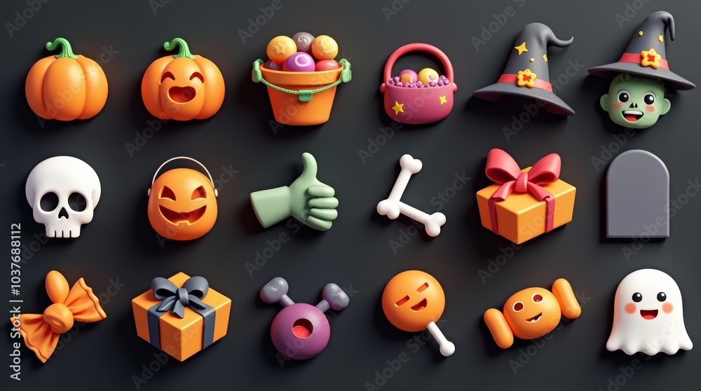 3D illustration of a collection of cute, colorful Halloween icons, each neatly arranged in a grid on a dark background. The icons include a pumpkin with a witch hat, a white skull, a jack-o'-lantern, 3D illustration of a collection of cute, colorful Halloween icons, each neatly arranged in a grid on a dark background. The icons include a pumpkin with a witch hat, a white skull, a jack-o'-lantern,
