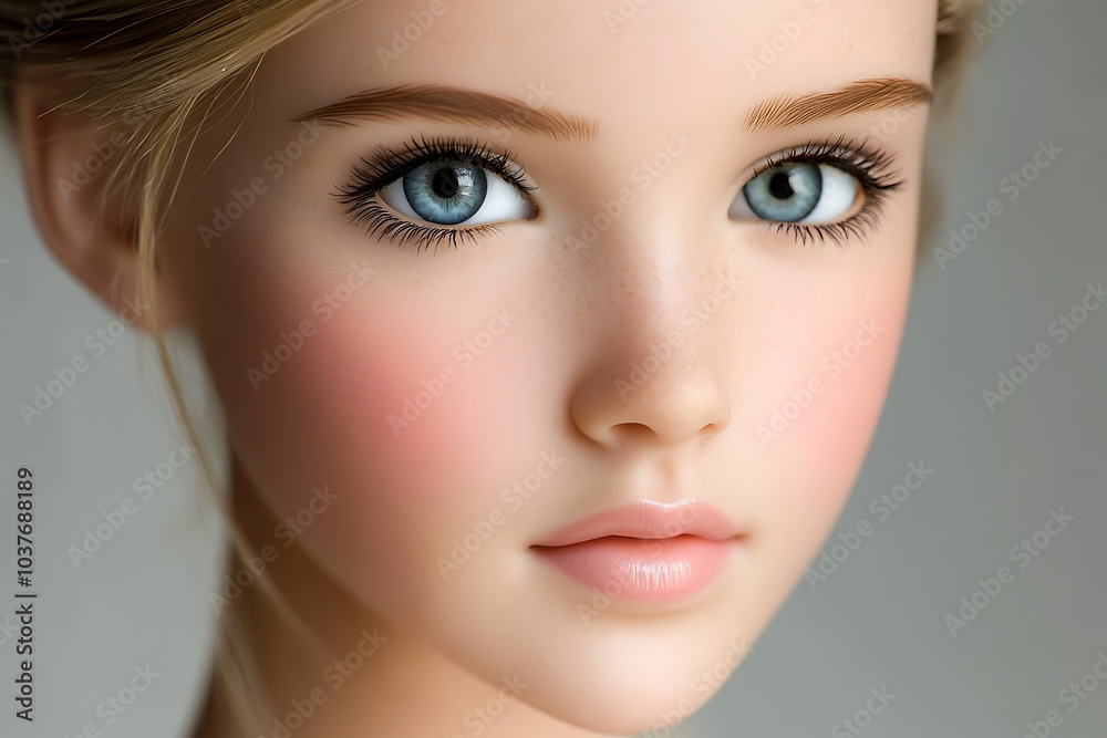 Fototapeta premium Serene Beauty: Close-up portrait of a young woman with captivating blue eyes and delicate features. A dreamy, ethereal image perfect for beauty, fashion, and cosmetics.
