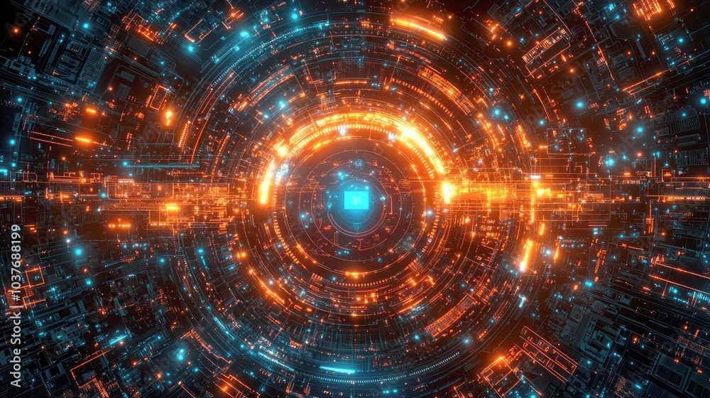 Obraz premium Abstract futuristic digital background with glowing orange and blue neon lights.