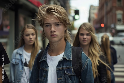 Group of young people walking in the city. Men's beauty, fashion.