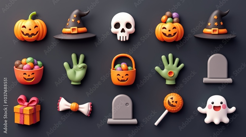 3D illustration of a collection of cute, colorful Halloween icons, each neatly arranged in a grid on a dark background. The icons include a pumpkin with a witch hat, a white skull, a jack-o'-lantern, 3D illustration of a collection of cute, colorful Halloween icons, each neatly arranged in a grid on a dark background. The icons include a pumpkin with a witch hat, a white skull, a jack-o'-lantern,