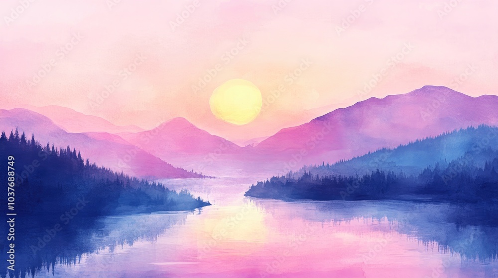 Fototapeta premium Colorful digital watercolor illustration of a river and mountains during sunset