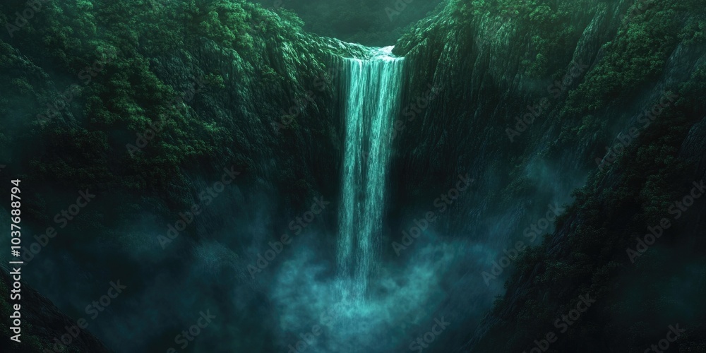 custom made wallpaper toronto digitalStunning view of a majestic waterfall surrounded by lush greenery and rocky terrain, Breathtaking waterfall in a verdant landscape