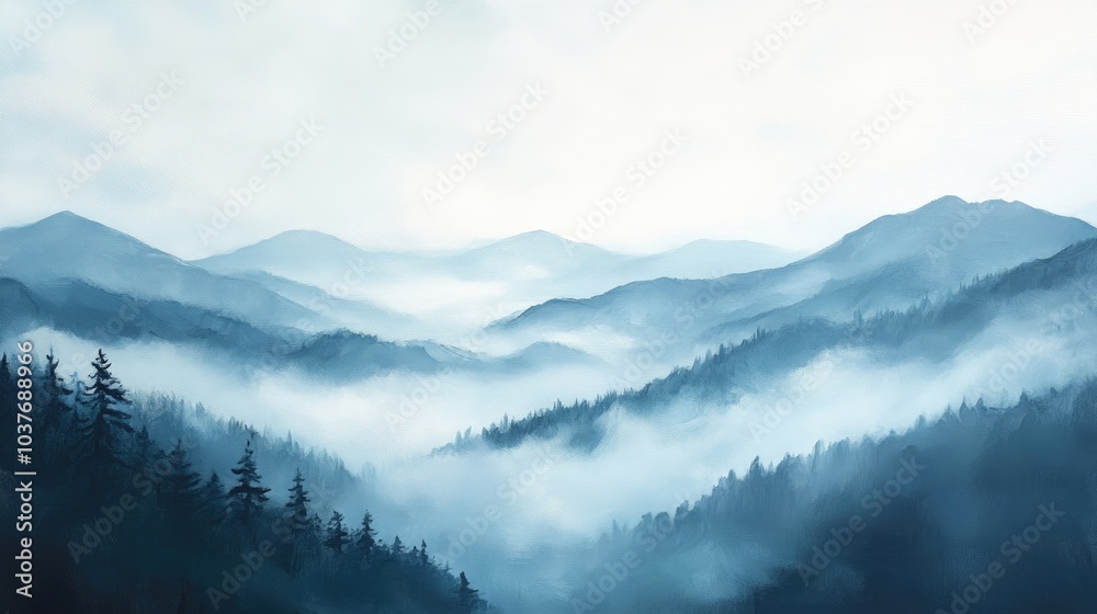 Obraz premium Mountain landscape painting featuring fog and hills ideal for children s room decor