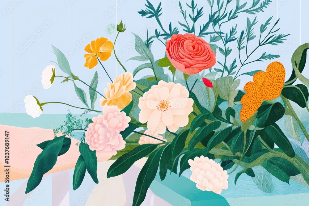 Illustration of a detailed bouquet of flowers in a serene setting Illustration of a detailed bouquet of flowers in a serene setting