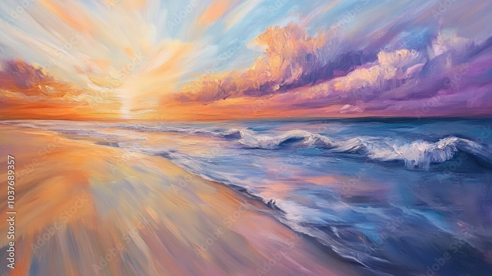 Abstract oil painting of a tropical beach at sunset featuring ocean waves on wavy sand and dramatic reflections in the sky created with long exposure and motion blur effects Abstract oil painting of a tropical beach at sunset featuring ocean waves on wavy sand and dramatic reflections in the sky created with long exposure and motion blur effects
