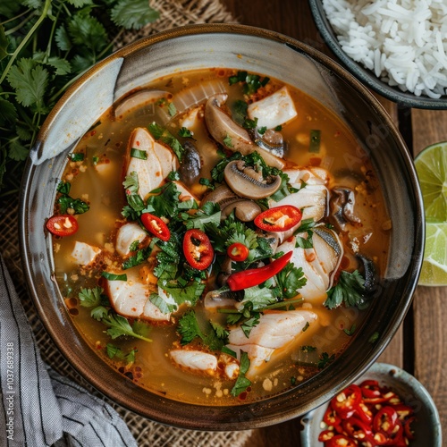 A bowl of soup brimming with tender mushrooms, tofu, and meat slices, garnished with chili peppers. The rich, flavorful broth invites a tempting aroma, making it an irresistible, savory treat. photo