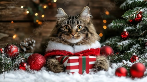 A cute Maine Coon cat dressed in a Santa-inspired outfit sits surrounded by festive Christmas decorations, including red ornaments, snow-covered greenery, and a wrapped present.