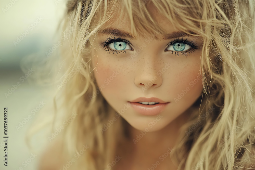 Captivating Gaze: A portrait of a young woman with striking blue eyes and tousled blonde hair. Her captivating gaze draws the viewer in, conveying innocence and wonder. Captivating Gaze: A portrait of a young woman with striking blue eyes and tousled blonde hair. Her captivating gaze draws the viewer in, conveying innocence and wonder.