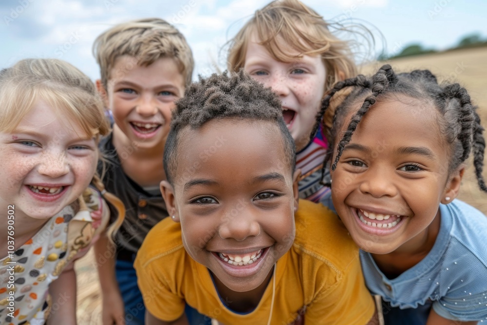 Portrait of group of children smiling at camera on sunny day outdoors Portrait of group of children smiling at camera on sunny day outdoors