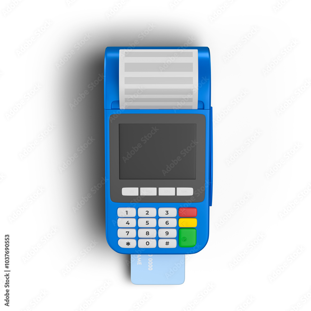 Payment Terminal Blue with Credit Card and shadow in 3D Render with transparent background Payment Terminal Blue with Credit Card and shadow in 3D Render with transparent background