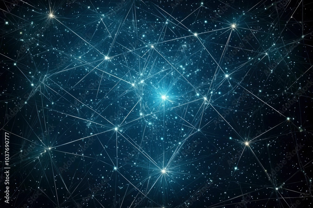 A Network of Interconnected Glowing Points in a Dark Blue Space A Network of Interconnected Glowing Points in a Dark Blue Space