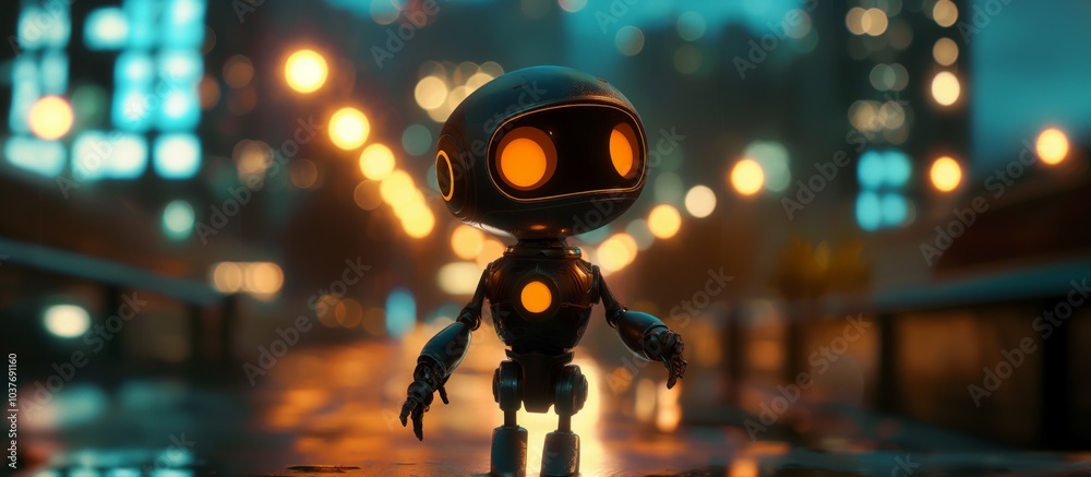 Futuristic robot standing on city street at night. cute humanoid robot in urban cityscape setting Futuristic robot standing on city street at night. cute humanoid robot in urban cityscape setting
