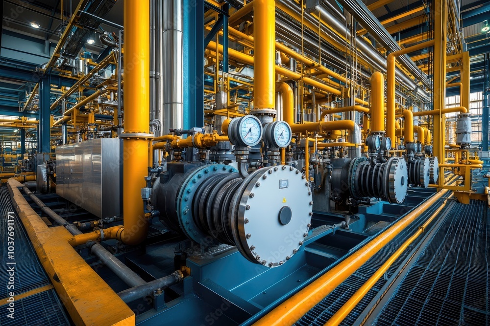Industrial machinery and pipes in a factory. This photo is ideal for illustrating concepts related to manufacturing, energy, and industry. Industrial machinery and pipes in a factory. This photo is ideal for illustrating concepts related to manufacturing, energy, and industry.