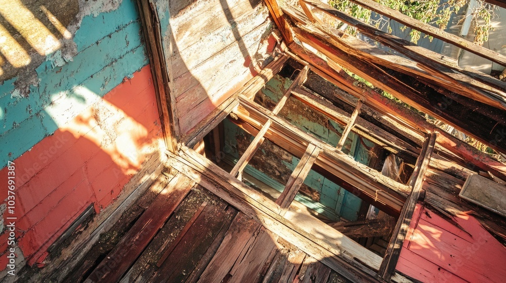 Dilapidated wooden house with sunlight during hurricane aftermath, exposed roof and vibrant walls, weathered by storm concept Dilapidated wooden house with sunlight during hurricane aftermath, exposed roof and vibrant walls, weathered by storm concept