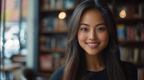 Portrait of a young woman in a cozy library setting