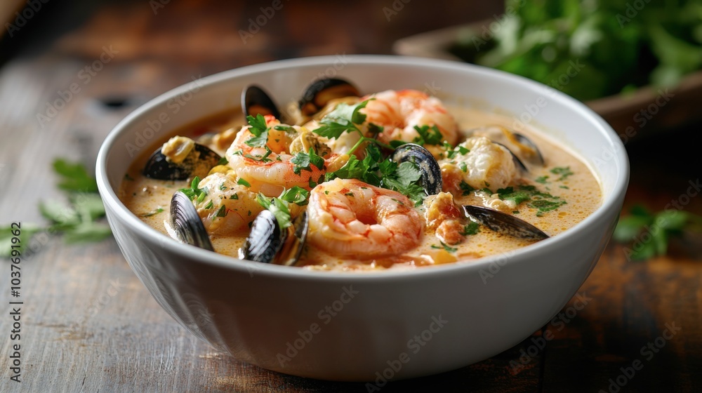 Enjoy a vibrant bowl of seafood chowder, featuring succulent shrimp, clams, and mussels in a creamy broth, garnished with fresh herbs, perfect for a cozy meal. Generative AI