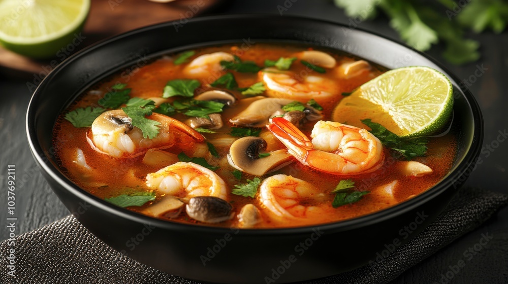 This bowl of tom yum soup bursts with fresh shrimp, mushrooms, and zesty lime, beautifully garnished with cilantro, inviting a culinary exploration. Generative AI This bowl of tom yum soup bursts with fresh shrimp, mushrooms, and zesty lime, beautifully garnished with cilantro, inviting a culinary exploration. Generative AI