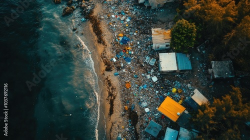 drone view of dirty beach with used plastic bottle and plastic waste up on Beach ,generative ai photo