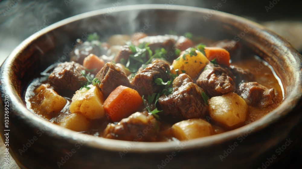 Indulge in a close-up of a rustic ceramic bowl filled with a rich beef stew, featuring tender chunks of meat, fresh carrots, and hearty potatoes, garnished with herbs and rising steam. Generative AI Indulge in a close-up of a rustic ceramic bowl filled with a rich beef stew, featuring tender chunks of meat, fresh carrots, and hearty potatoes, garnished with herbs and rising steam. Generative AI