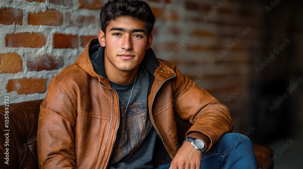 Portrait of a young man wearing a brown leather jacket, seated indoors against a brick wall Portrait of a young man wearing a brown leather jacket, seated indoors against a brick wall