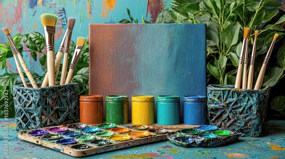 Artist workspace with paints, brushes, and canvas. Artist workspace with paints, brushes, and canvas.