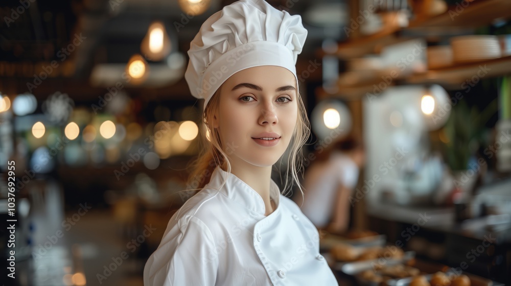 Young female chef in white uniform and hat in a modern restaurant kitchen showcasing culinary skills Young female chef in white uniform and hat in a modern restaurant kitchen showcasing culinary skills
