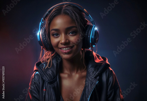 fashion black smiling woman with big headphones with cinematic blue and red light photo