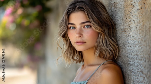 Portrait of a young woman leaning against a textured wall outdoors